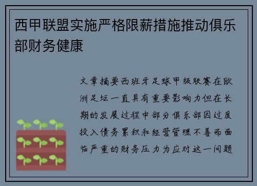 西甲联盟实施严格限薪措施推动俱乐部财务健康 西甲联盟实施严格限薪措施推动俱乐部财务健康